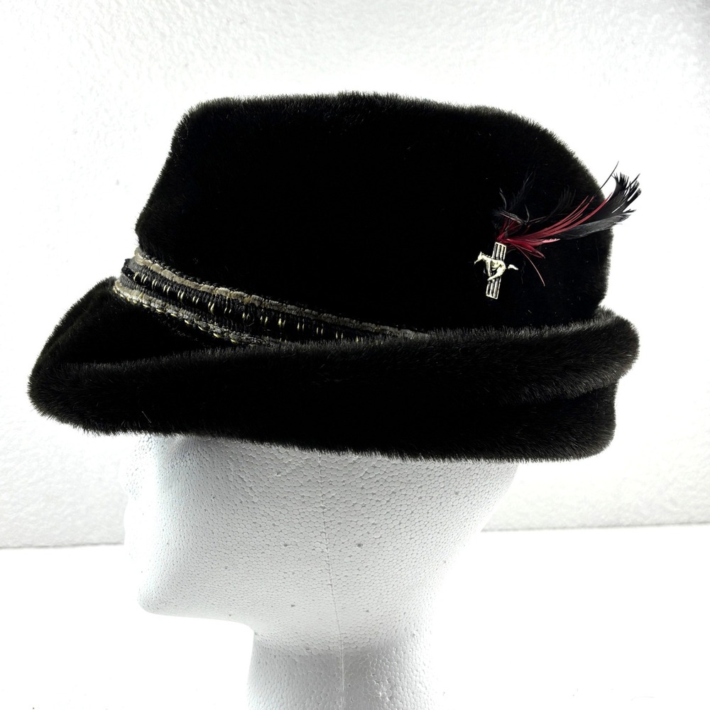 Vintage Faux Fur Fedora Hat Mens Large Black Excellent Ear Flaps Feather Pin - Picture 2 of 6
